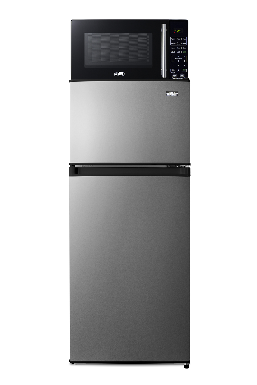 2-door mid-sized refrigerator-freezer in a stainless steel look and compact microwave in black with allocator and USB ports for 1-plug operation; ships in three boxes on one pallet